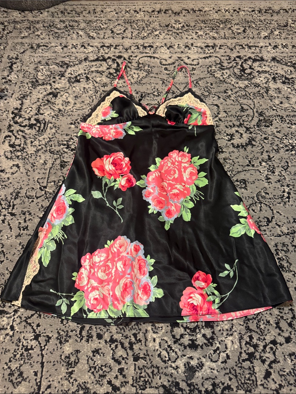 Betsey Johnson Black Satin Chemise with Pink Rose Print